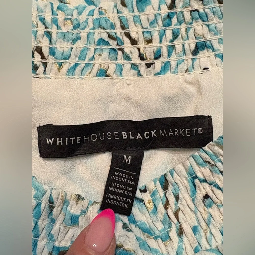 White House Black Market Wm Dress Printed Smock Sleeveless Blue High Neck Size M - Picture 6 of 11